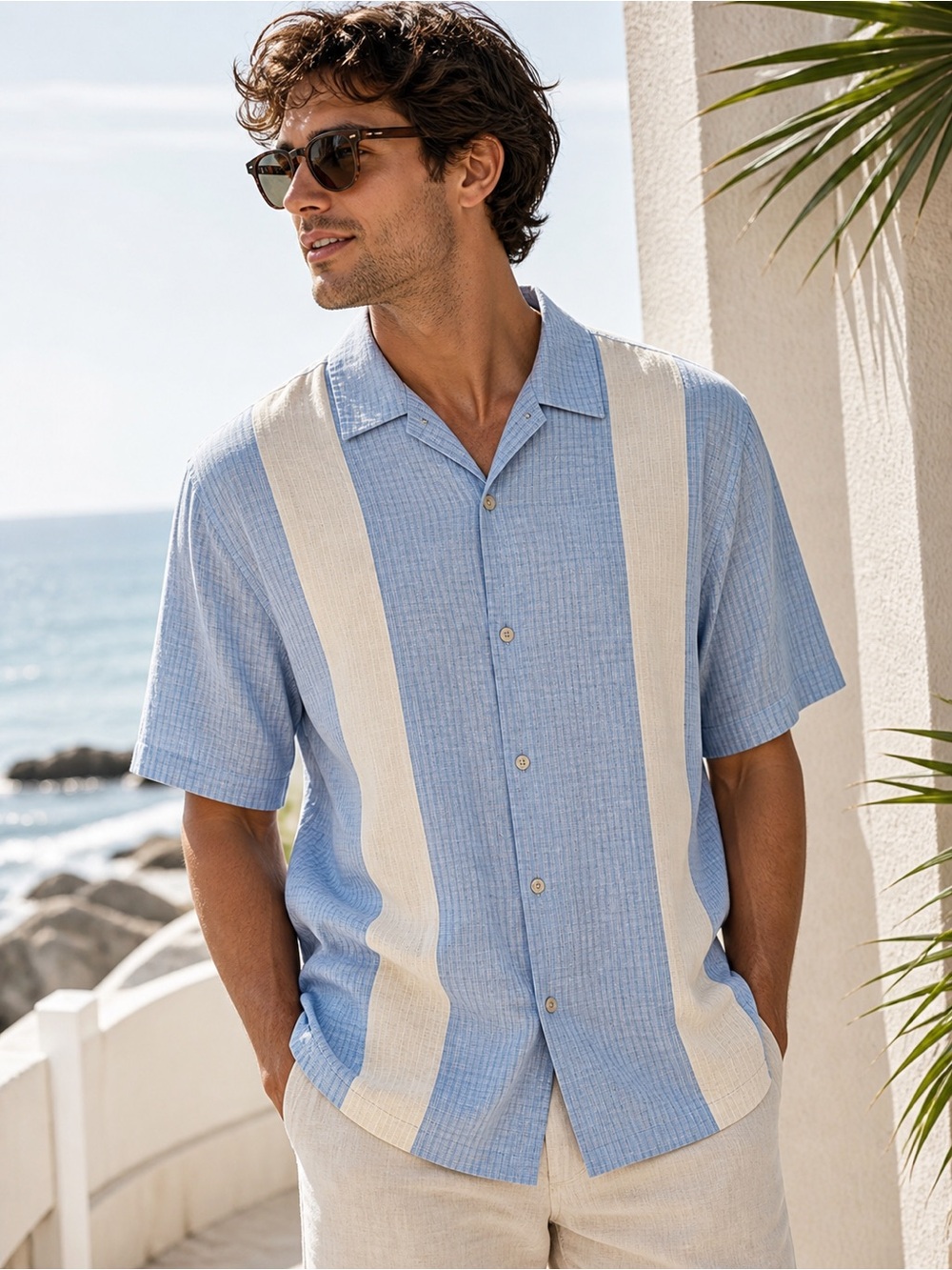 Van Heusen Blue Cream Striped Button Down Mens XL Resort Beach Short Sleeve